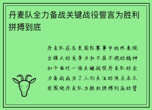 丹麦队全力备战关键战役誓言为胜利拼搏到底