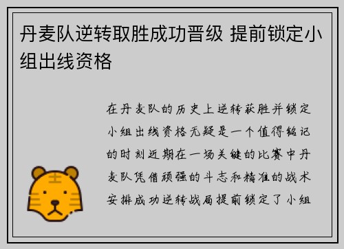 丹麦队逆转取胜成功晋级 提前锁定小组出线资格