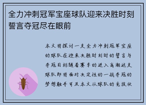 全力冲刺冠军宝座球队迎来决胜时刻誓言夺冠尽在眼前