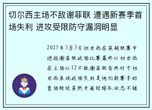 切尔西主场不敌谢菲联 遭遇新赛季首场失利 进攻受限防守漏洞明显
