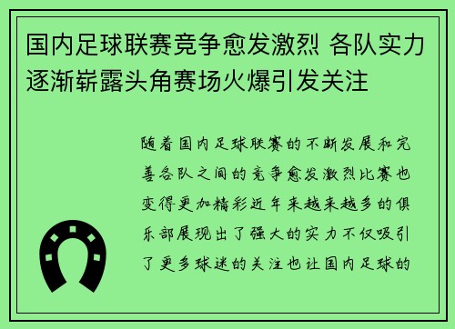 国内足球联赛竞争愈发激烈 各队实力逐渐崭露头角赛场火爆引发关注
