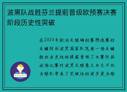 波黑队战胜芬兰提前晋级欧预赛决赛阶段历史性突破 波黑队战胜芬兰提前晋级欧预赛决赛阶段历史性突破