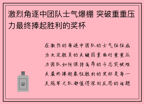 激烈角逐中团队士气爆棚 突破重重压力最终捧起胜利的奖杯