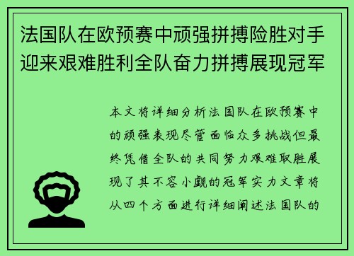 法国队在欧预赛中顽强拼搏险胜对手迎来艰难胜利全队奋力拼搏展现冠军实力