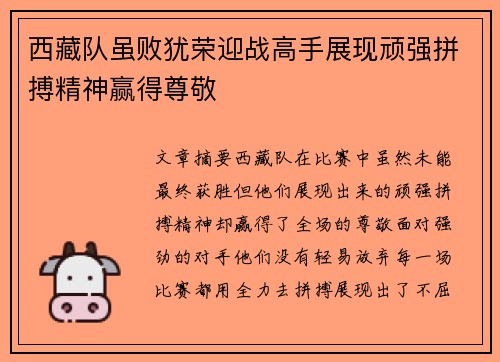 西藏队虽败犹荣迎战高手展现顽强拼搏精神赢得尊敬